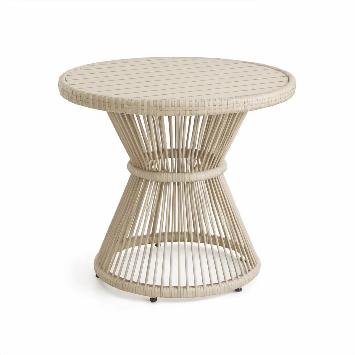 Beige Round Outdoor Coffee Table, 31.5 in Diameter x 18.1 in H, HDPE Wicker and Aluminum