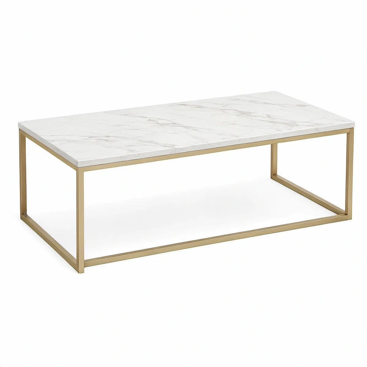 Rectangular Coffee Table, 47.24 x 23.62 x 17.72 in, White Marble-Pattern Engineered Stone Top with Gold Carbon Steel Frame