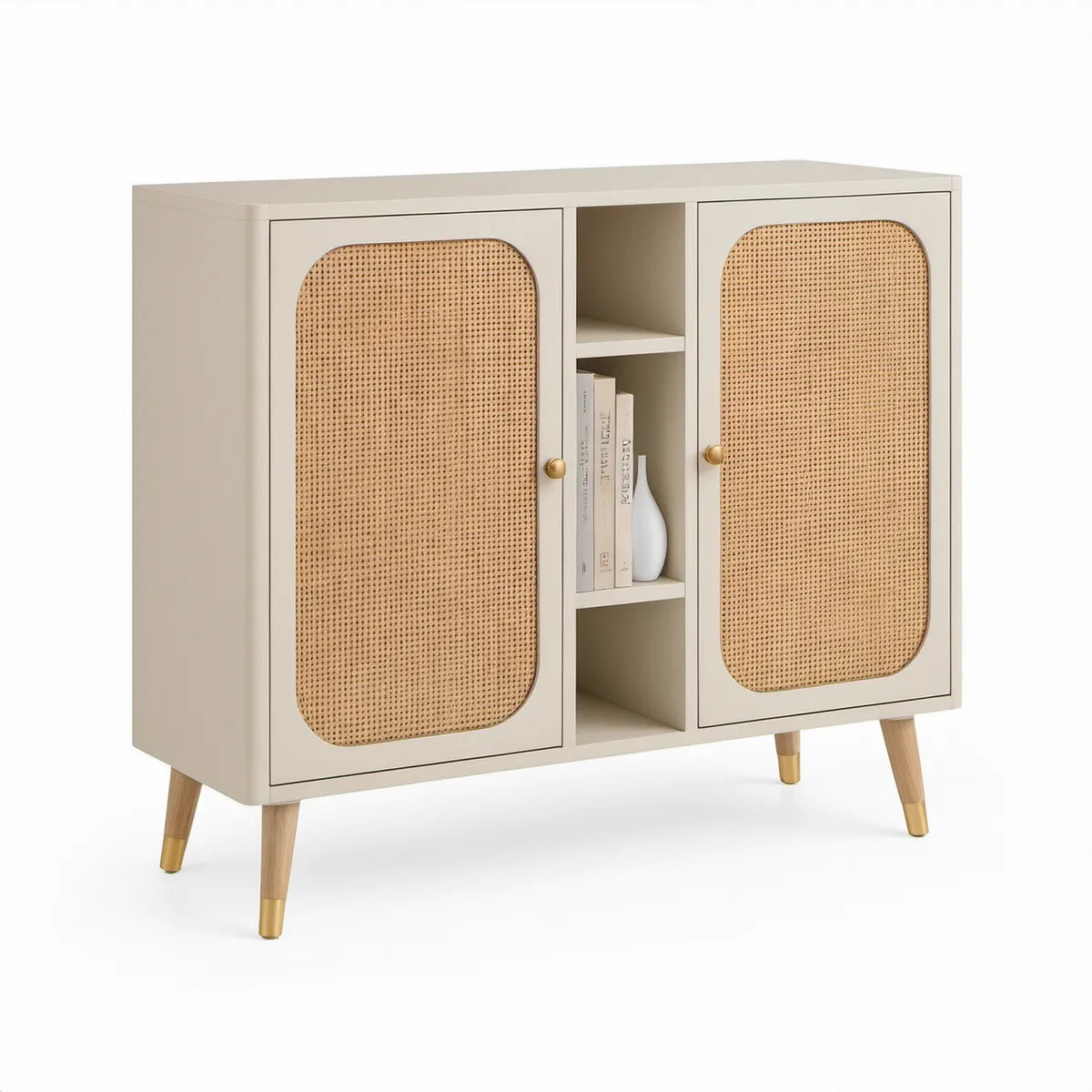 47.2 in W x 15.7 in D x 35.4 in H Ivory Sideboard with Natural Rattan Doors and Gold Hardware