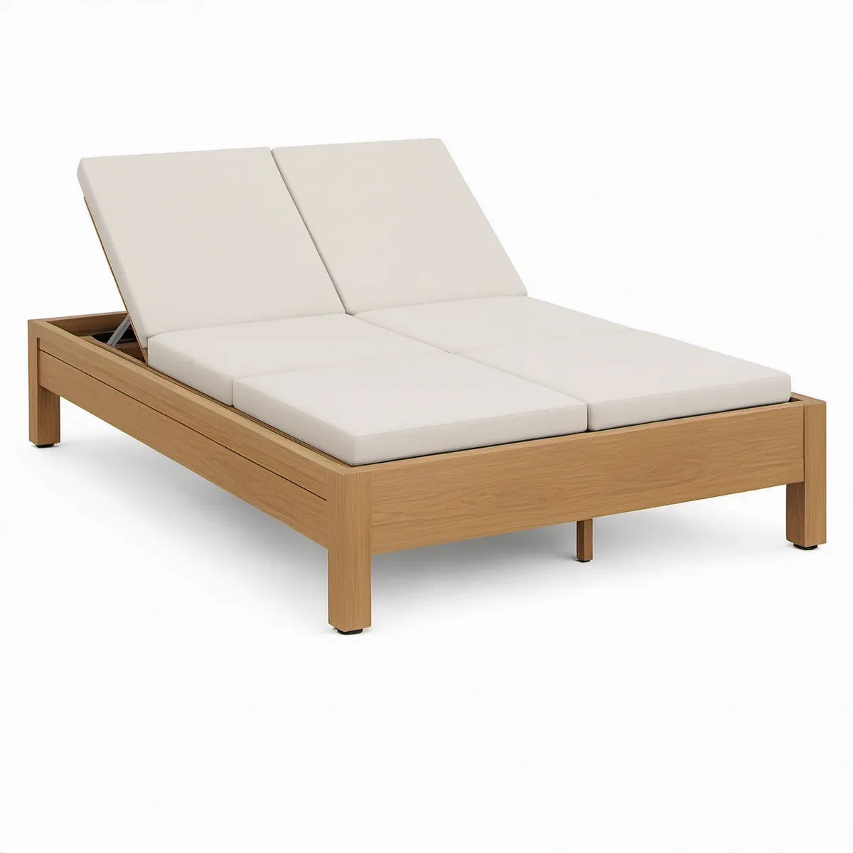 Double Adjustable Teak Sun Lounger, 78.7 x 55.1 in, Natural Wood Frame with Beige Cushions