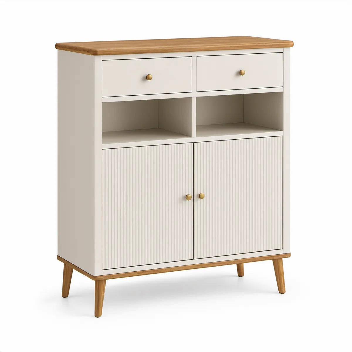 Mid-Century Modern Storage Sideboard with 2 Drawers, 2 Doors and Open Shelves, 31.5 x 15.7 x 42.1 in, White/Natural Brown/Brass