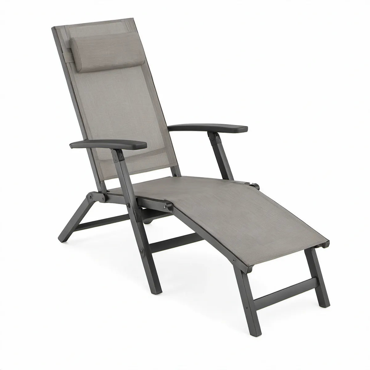 Adjustable Reclining Sun Lounger with Armrests and Head Pillow, 190 x 65 x 100 cm, Gray/Dark Gray