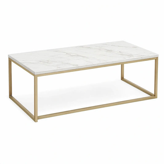 Rectangular Coffee Table, 47.24 x 23.62 x 17.72 in, White Marble-Pattern Engineered Stone Top with Gold Carbon Steel Frame