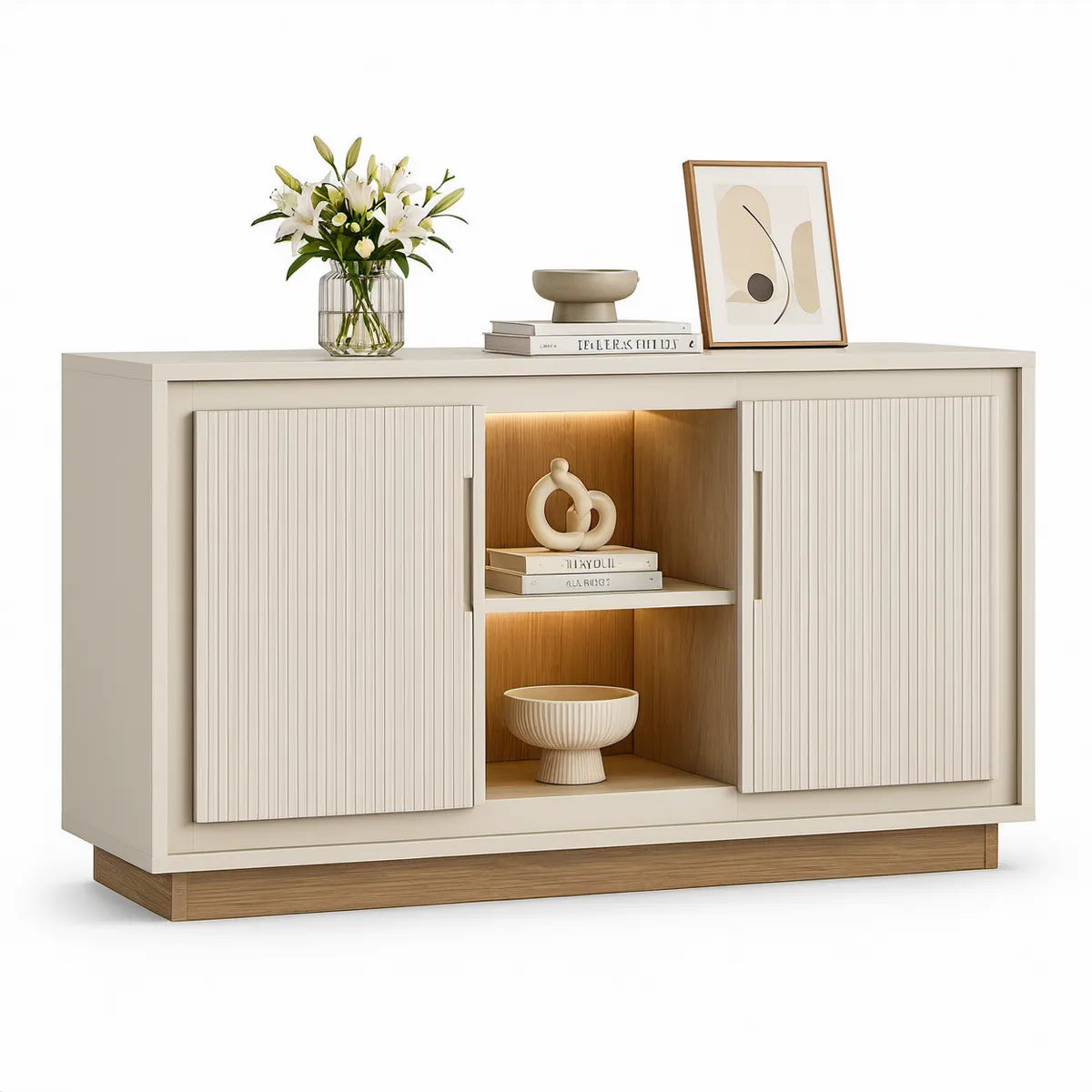 60 x 15.7 x 32 in Ivory and Natural MDF Sideboard Storage Cabinet with Sliding Fluted Doors