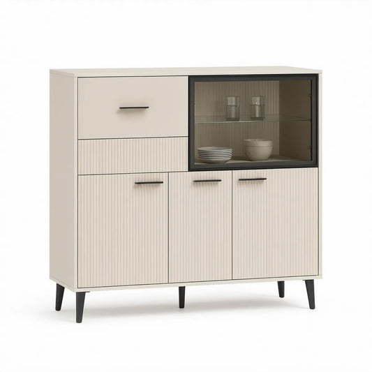 Ivory and Black Fluted Storage Cabinet with Smoked Glass Door, 47.2 in W x 15.7 in D x 47.2 in H