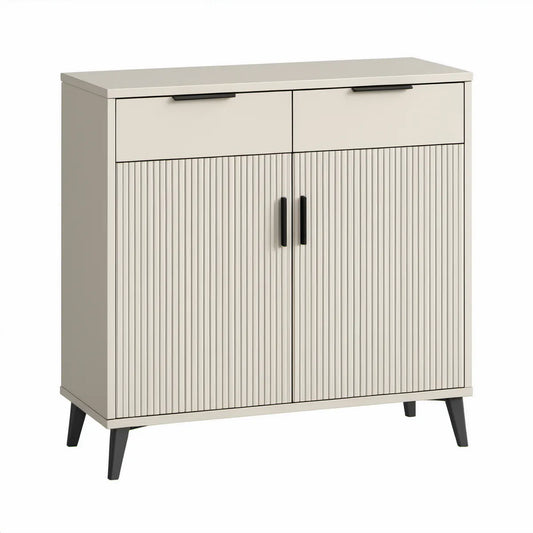 Cream Engineered Wood Storage Cabinet with 2 Drawers, 2 Fluted Doors and Black Steel Legs, 31.5 x 15.7 x 39.4 in