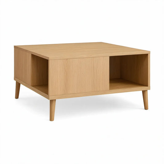 Natural Oak Coffee Table with Sliding Door and Open Storage, 100 x 60 x 45 cm