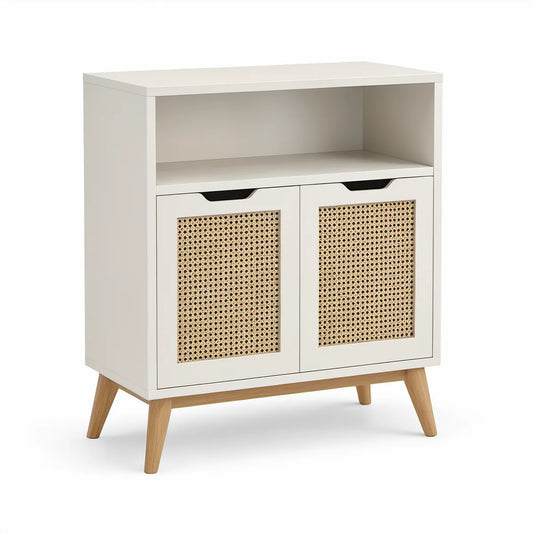 White Engineered Wood Storage Cabinet with Natural Rattan Doors, 31.5 x 15.7 x 39.4 in