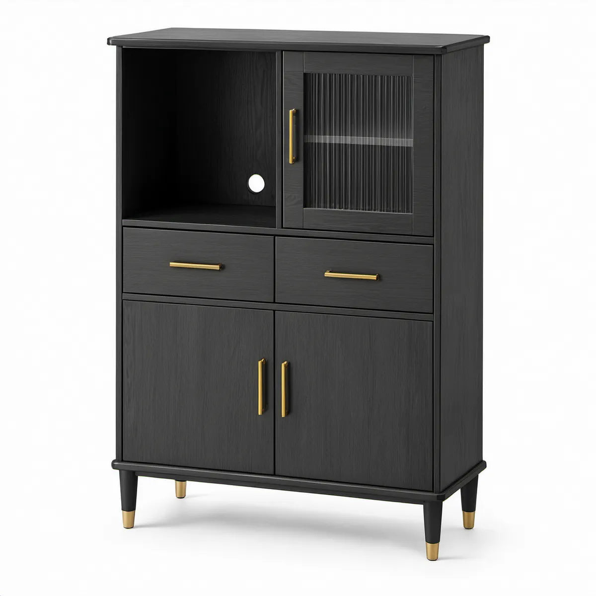 Black Engineered Wood Storage Cabinet, 31.5 x 15.7 x 47.2 in, with Clear Ribbed Glass Door, Drawers and Gold Hardware