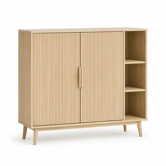 Light Oak Fluted Door Storage Cabinet with Open Shelves, 47.2 in W x 15.7 in D x 47.2 in H