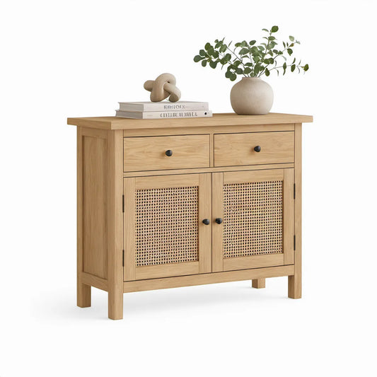 Natural Oak Rattan Sideboard with 2 Drawers and 2 Doors, 36 in W x 16 in D x 34 in H, Natural Oak/Natural Rattan/Black