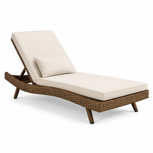Adjustable Outdoor PE Rattan Reclining Chaise Lounge with Cream Cushions, 78.7 x 27.6 x 13.8 in, Brown/Cream