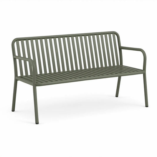 Olive Green Powder-Coated Steel Outdoor Bench with Armrests, 48 x 24 x 31 in
