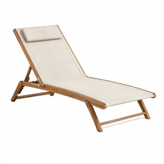 Adjustable Reclining Sun Lounger, 200 x 65 x 35 cm, Natural Brown Eucalyptus Wood Frame with White Polyester Cushion