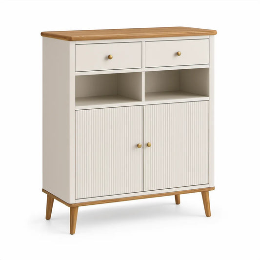 Mid-Century Modern Storage Sideboard with 2 Drawers, 2 Doors and Open Shelves, 31.5 x 15.7 x 42.1 in, White/Natural Brown/Brass