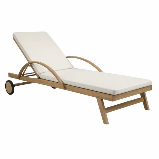 200 x 70 x 35 cm Adjustable Solid Acacia Wood Outdoor Chaise Lounge with Cream Cushion, Natural Brown